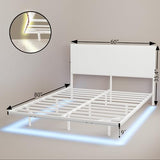 ARFARLY Floating Bed Frame Queen Size with Upholstered Headboard Queen Bed Frame with Charging Station and LED Lights Easy to Assemble White ARFARLY