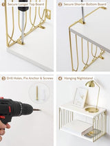 Sivapleso Floating Nightstand with Cable Hole, Modern Minimalism Small Wall Mounted White&Gold Bedside Table Pine Wood Hanging Night Stands Storage 2 Tier Shelf for Bedroom Bathroom Kitchen Sivapleso