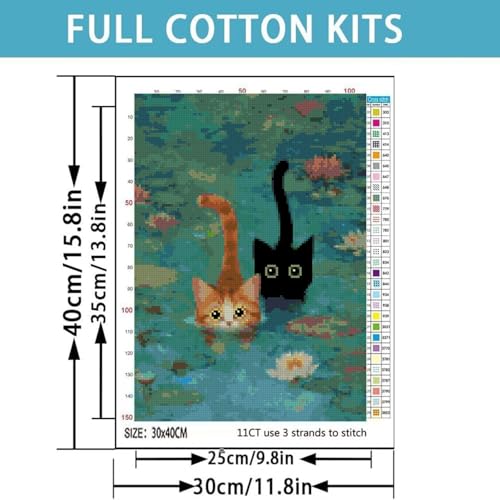 Cat Stamped Cross Stitch Kits for Adults,Pond Cat Patterns Dimensions Needlepoint Art Crafts,Counted Cross Stitch Kits Embroidery Kits for Beginners Adults for Home Decor 11.8x15.8 inch
