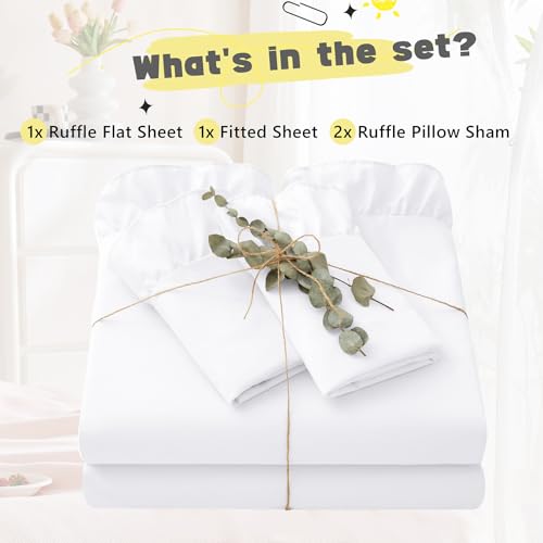 Yvrcen 4 Pieces Ruffle Full Sheet Set, White Bed Sheets Full Size, Microfiber Coquette White Sheets with 16 Inch Deep Pocket Fitted Sheet, 1 Ruffled Flat Sheet & 2 Ruffled Pillow Shams Yvrcen