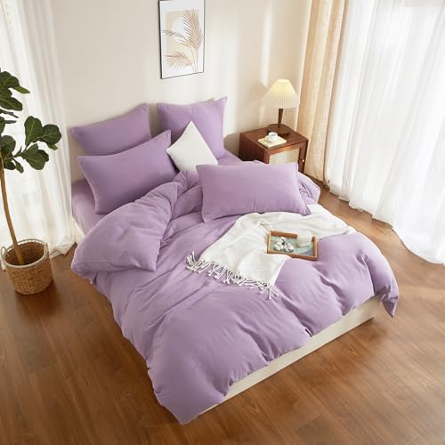 YASMENG 100% Cotton Muslin Duvet Cover Set Twin Size Purple, Ultra Soft Breathable Absorbent Gauze Bedding Duvet Cover, Luxurious Minimalist Natural Wrinkle Linen Textured Comforter Cover 68" x 90" YASMENG