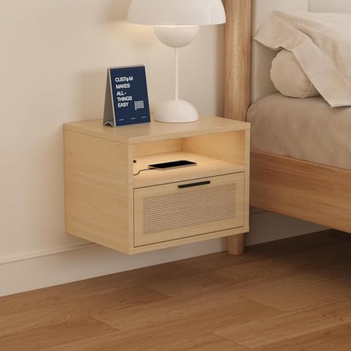 iyrany Floating Nightstand Set of 2 with Charging Station, USB Ports & Outlets, Wall Mounted Nightstands with Drawer and LED Light Strip, Small Oak Rattan Bedside Shelves iyrany