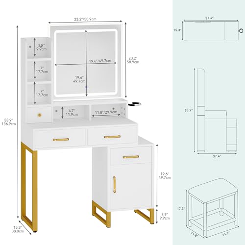 YITAHOME Vanity Desk with Mirror and Lights, Makeup Vanity Set with Power Outlet, Dressing Table with 3 Lighting Modes Brightness Adjustable, 4 Drawers, Cabinet, Stool, Bedroom, Ivory White - WoodArtSupply