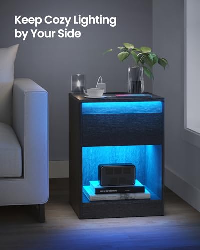 VASAGLE Nightstand with Charging Station, Side End Adjustable LED Lights, Bedside Table with Drawer 2 AC Outlets, 2 USB Ports, Modern, for Bedroom, 13.7" D x 15.7" W x 21.7" H, Black VASAGLE