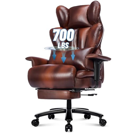 700lbs Big and Tall Office Chair with Footrest&Adjustable Lumbar Pillow,Large Heavy Duty Executive Office Chair-Wide Seat,Ergonomic High Back Computer Chairs for Heavy People,Dual Rubber Wheels,Brown BIGGARSIT