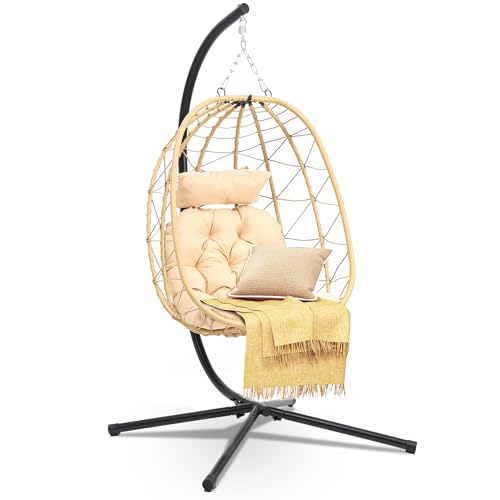 DWVO Egg Hanging Swing Chair with Stand Egg Chair Wicker Egg Chair with Cushions 330lbs for Patio, Bedroom, Garden and Balcony, Beige