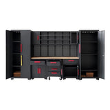 HPDMC Garage Storage Cabinet System 9-Pcs Workshop Set Garage Cabinets and Storage System with Steel Cabinet Drawers, Rolling Chest, Workbench, Pegboard for Garage Tool Organization, Black and Red HPDMC