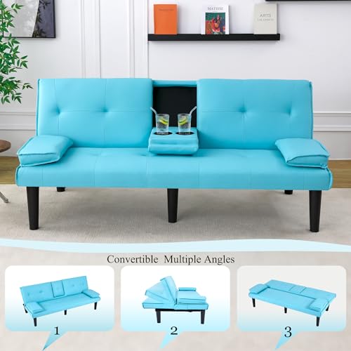 67"Modern Futon Sofa Bed,Convertible 3 in 1 Sleeper Bed Couches with Adjustable Backrest,Cup Holders,Comfy PU Leather Recliner Sofa Loveseat with Chrome Legs for Small Home Living Room (Blue) Majnesvon