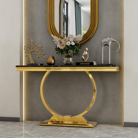 Asday Gold Console Table, 50 inch Glam Black and Gold Entryway Table with U-Shaped Base, Polished Gold Entrance Table with Black Top for Entryway, Hallway, Foyer Asday