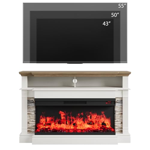 QUW Fireplace TV Stand for TVs up to 65", Farmhouse 52" Fireplace Entertainment Center with 36" 3-Side Glass Electric Fireplace, TV Console with Open Storage Shelves for Living Room, Antique White QUW