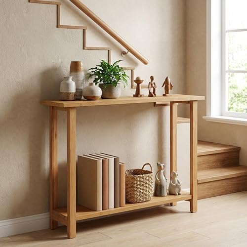 GOFLAME Solid Wood Entryway Table, 47” Console Table with Storage Shelf, Curved Tabletop, Teak Wood, Farmhouse, 2-Tier Rustic Behind Couch Sofa Tables Narrow Long for Living Room, Hallway, Natural GOFLAME