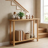 GOFLAME Solid Wood Entryway Table, 47” Console Table with Storage Shelf, Curved Tabletop, Teak Wood, Farmhouse, 2-Tier Rustic Behind Couch Sofa Tables Narrow Long for Living Room, Hallway, Natural GOFLAME