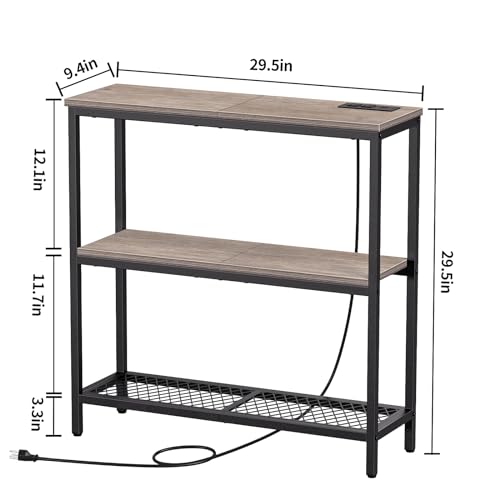 Snughome Console Table with Power Outlets, Entryway Table with Storage, Narrow Sofa Table with 3 Tier Shelves, 2 USB Ports, 2 Power Outlets, Hallway Table for Couch, Living Room, Entrance, Grey Snughome