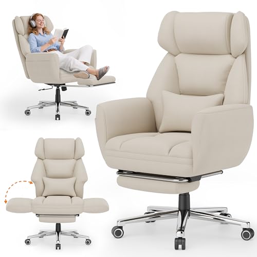 GABRYLLY Office Criss Cross Chair with Footrest, Big and Tall Executive Chair with Wide Seat,Reversible Armrest,Wheels, Lumbar Pillow and 120°Tilt,Computer Desk Chair for Gaming,Meditation,Ivory GABRYLLY
