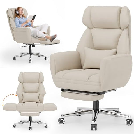 GABRYLLY Office Criss Cross Chair with Footrest, Big and Tall Executive Chair with Wide Seat,Reversible Armrest,Wheels, Lumbar Pillow and 120°Tilt,Computer Desk Chair for Gaming,Meditation,Ivory GABRYLLY