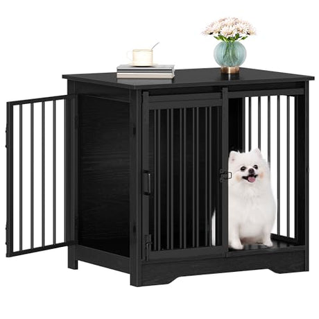 Hzuaneri 27.2" Dog Crate Furniture with Barn Door, Heavy Duty Dog Kennel Indoor with 2 Doors, Wooden Pet Cage End Table for Small Medium Dogs up to 22 lb, Anti-Chew Anti-Escape, Black DFC84304B Hzuaneri