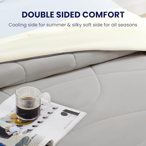 SLEEP ZONE Cooling Comforter for Hot Sleeper Full/Queen Size - Super Soft & Breathable Double-Sided Quilt Summer Blanket, Machine Washable Lightweight Duvet Insert (Grey+Yellow, Full/Queen) SLEEP ZONE