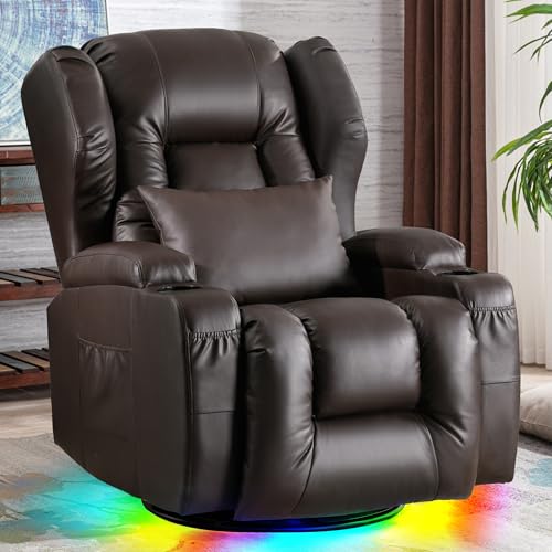 DRMBOOK Dual Motor Power Swivel Rocker Recliner Chairs, Electric Wall Hugger Reclining Sofa with Massage & Heat, Comfy Theater Seating with LED Light/USB/Type-C Ports (Leather Brown, Single Chair)
