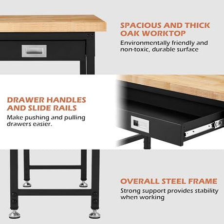48” Adjustable Workbench with Drawer Storage,Work Benches for Garage with Rubberwood Top,2000 LBS Capacity Worktable with Power Outlets for Workshop,Garage,Home,Office Antifir