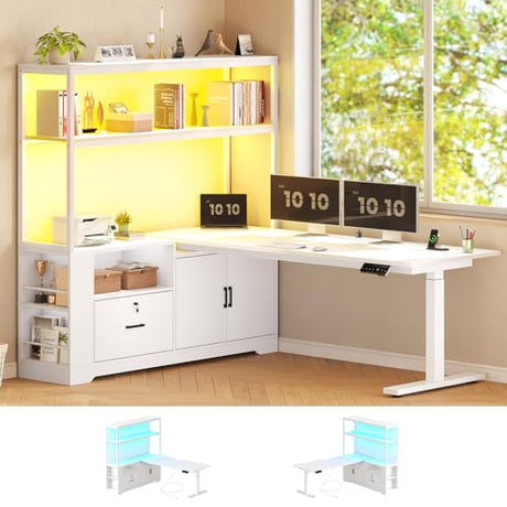 SEDETA 56.7" L Shaped Standing Desk, Reversible Computer Office Desk with Drawers & Hutch, Stand Up Corner Gaming Desks with LED Lights & Power Outlets for Home Office, White SEDETA