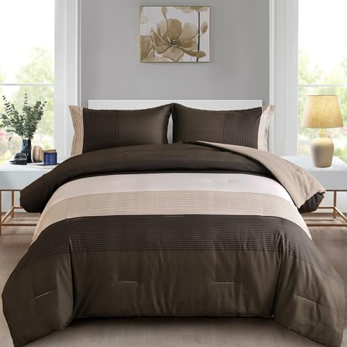 Brown Comforter Set King, Reversible Brown Striped Down Alternative Comforter for King Bed,3 Pieces (1 Comforter+2 Pillowcases), Soft Microfiber Bedding Duvet Set 104"×90" WONGS BEDDING