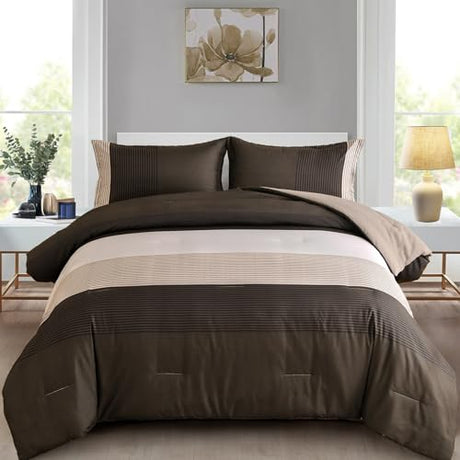 Brown Comforter Set King, Reversible Brown Striped Down Alternative Comforter for King Bed,3 Pieces (1 Comforter+2 Pillowcases), Soft Microfiber Bedding Duvet Set 104"×90" WONGS BEDDING