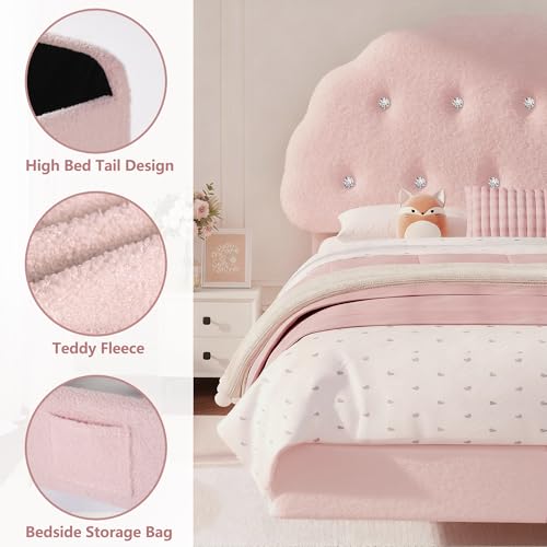 Decofy Cookie Twin Upholstered Bed Frame with LED Lights, Floating Bed Frames with Adjustable Headboard and Raised Footboard for Princess/Prince Bedroom, Teddy Velvet（Pink） Decofy