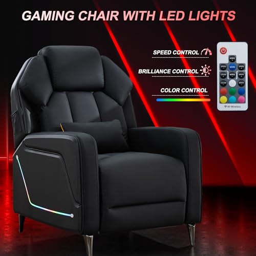 URRED Gaming Recliner Chair with LED Lights, Ergonomic Video Game Reclining Chair with Footrest, Lumbar Pillow, Side Pocket, Home Theater Recliner for Living Room, Bedroom, Gaming Room (Black)