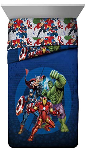Marvel Avengers Blue Circle 5 Piece Full Bed Set - Includes Reversible Comforter & Sheet Set - Bedding Features Captain America & Iron Man - Fade Resistant Microfiber (Official Marvel Product) Jay Franco