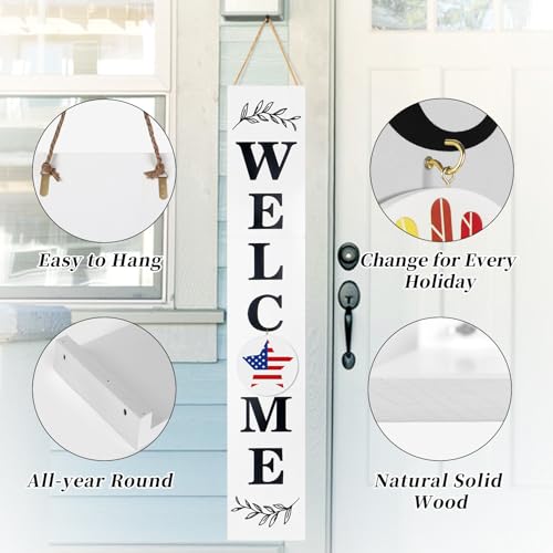 Lotkey Seasonal Welcome Sign for Front Door, 47 x 7.9 Inch Welcome Sign with 12 Wooden Icons (6 Double-sided Disks) Porch Decor for Summer Fall Thanksgiving Christmas Party Outdoor Sign (White) LOTKEY