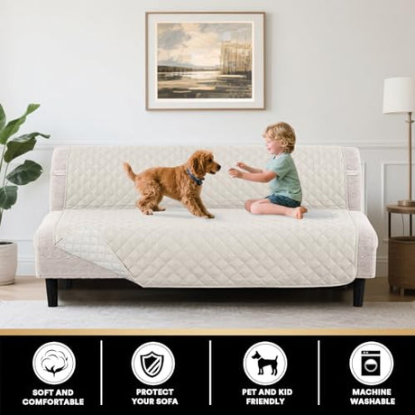 PrinceDeco Futon Slipcover Armless Futon Bed Cover Furniture Protector with Elastic Bottom Reversible Quilted Couch Cover Width Up to 70" Water Resistant Couch Cover for Pets,Ivory PrinceDeco