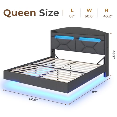 Modern Dark Grey Floating Queen Bed Frame with LED & USB Charging Station ADORNEVE