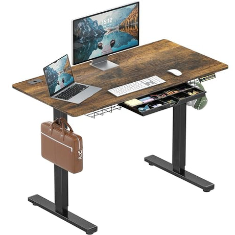 SHW 48-Inch Electric Height Adjustable Standing Desk with Drawer, Memory Preset and Cable Management Tray, Rustic Brown SHW