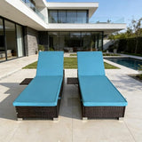 Outdoor Chaise Lounge Chairs Set of 2 with Fixed Side Shelf, All-Weather Wicker Pool Lounge Chair, 5-Position Adjustable Backrest, Removable Washable Light Blue Cushion for Patio, Poolside, Backyard