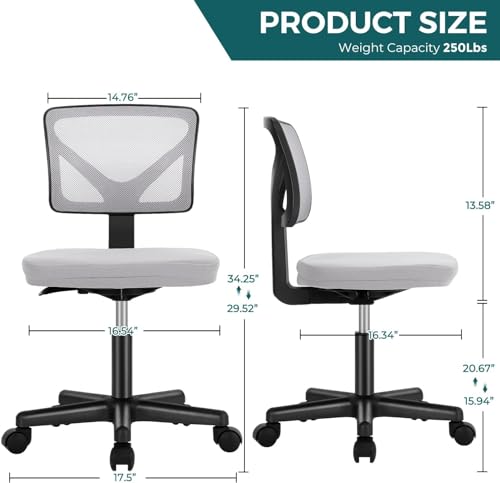 DUMOS Small Office Chairs with Wheels, Ergonomic Adjustable Home Desk Swivel Rolling Task Chair No Arms, Comfy Mesh Mid Back Computer Work Vanity Desk Chairs for Small Spaces, Dark Grey DUMOS