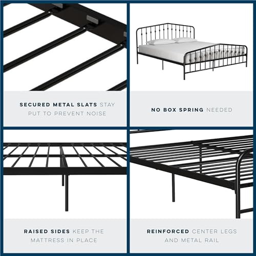 Novogratz Bushwick Modern Metal Bed, Slightly Triangular Headboard and Footboard with Inset Spindles, Adjustable Base Height for Underbed Storage, Requires No Box Spring, King Size - Black Novogratz
