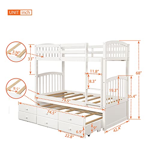 Ball & Cast Twin Size Bunk Bed with Ladder and Safety Rail,Twin-Szie Trundle Wood Bunkbed w/Slat Support & Solid Pine Legs,Space Saving,Bedframe Furniture for Student Dorms,Studio,White Ball & Cast