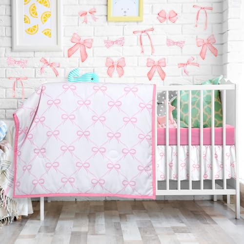 SmoothNovelty 5 Pcs Pink Bow Crib Bedding Set Include Print Crib Sheets Bed Skirt Comforter Pad Cover Wall Stickers for Girls Princess Nursery Room Decoration SmoothNovelty