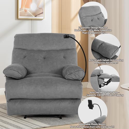 GNMLP2020 Oversized Recliner Chairs, Manual Large Recliners, Big Mans Recliner Chair for Adults 400lbs, Extra Wide Single Reclining Sofa Chair for Living Room, RV, Grey