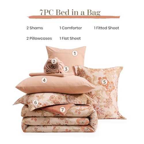 BLOOMHAVEN King Comforter Set -7 Pieces Terrecotta Floral Comforter Set for All Seasons, Bed in a Bag King with Botanical Flowers Comforter, Sheets, Pillowcases & Shams BLOOMHAVEN
