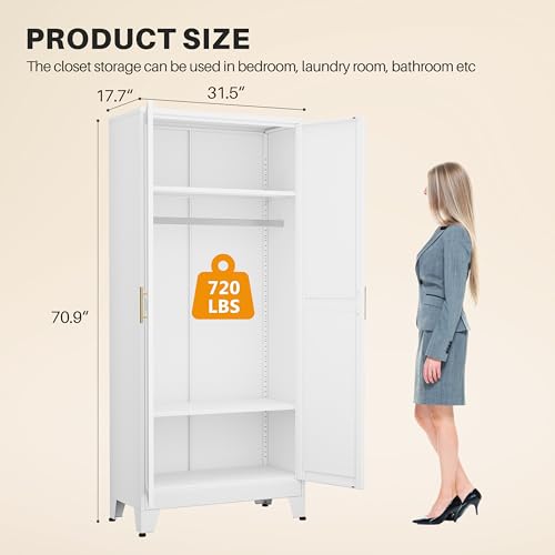 winiowa White Wardrobe Closet with 2 Doors, 71" Tall Metal Clothing Storage Cabine with Hanging Rod, Bedroom Armoires with Adjustable Shelves for Bedroom, Laundry Room, Home Office winiowa