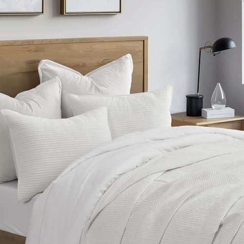 EVERGRACE Velvet Quilt Set King Size, Luxurious Soft Quilted Bedding Sets, Lightweight Velvet Comforter for All Season, Striped Channel Bedspread Coverlet with 2 Shams, Bright White EVERGRACE