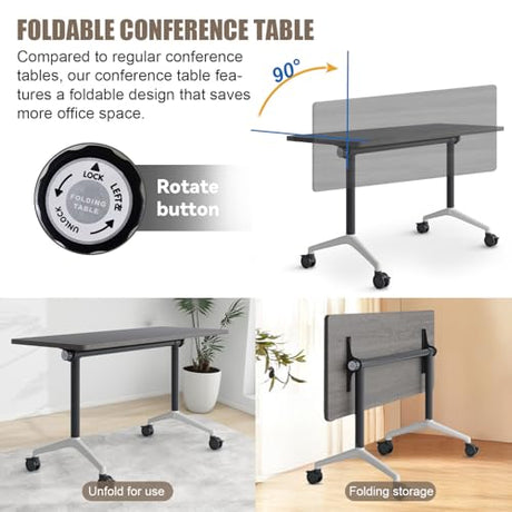 Folding Conference Room Tables, Seminar Conference Table Modern Flip Top Training Meeting Tables, Conference Room Table with Wheels for Home Office Classr,8 Pack 63inch CUAOCEZ