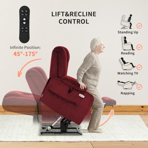 EONIX Lay Flat Power Lift Recliner Chair with Heat and Massage, Dual Motor Electric Lift Chair for Elderly for Postoperative Recovery, 400lbs Heavy Duty, Cup Holders, Lumbar Pillow, Burgundy