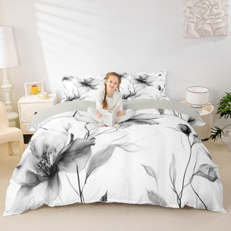 Erosebridal Black and White Flower Bedding Set Full, Boho Flower Duvet Cover for Women Men Adults Teens Bedroom, Artistic Watercolor Floral Comforter Cover, Ink Painting Style Blossom & Leaf Bed Set Erosebridal