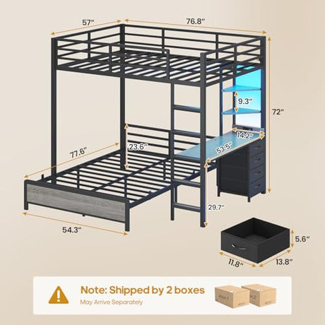 ADORNEVE Bunk Bed with Desk, Full Over Full Bunk Beds with Charging Station & Led Lights, 4 Storage Drawers & 2 Open Storage Shelves, Metal Loft Bed with Safety Guardrail & Ladder for Kids/Teen, Grey ADORNEVE