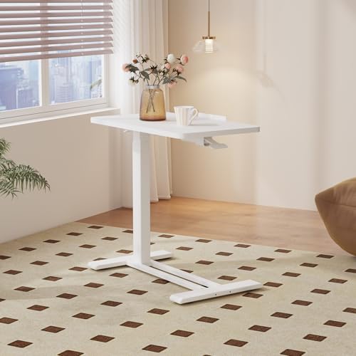 FitStand Medical Adjustable Overbed Bedside Table with Casters 90° Tilting Desktop Pneumatic Mobile Rolling Laptop Computer Standing Desk Cart with Tray, Hospital Table(31.5" W x 17.7" D, White) FitStand
