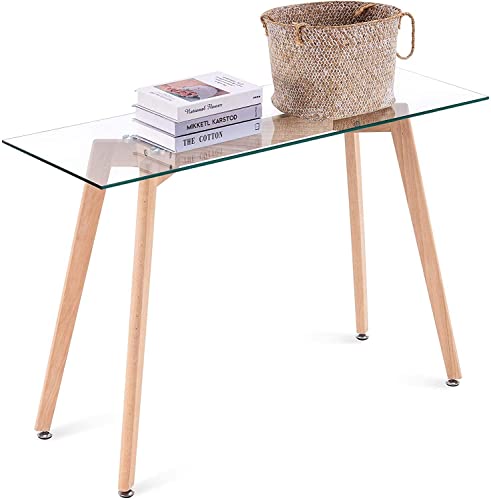ivinta Glass Office Desk, 43" Rectangular Computer Desk with Solid Wood Legs, Modern Dining Table for Living Room, Office, Kitchen, TAM-WT ivinta