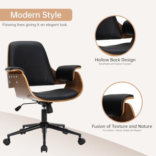 Mid Century Modern Home Office Chair,Ergonomic U-Shape Mid Back Executive Chair,Adjustable Height Swivel Computer Chair with Walnut Finish & PU Leather,Accent Chairs for Study Bedroom Workspace(Black) Soxiar