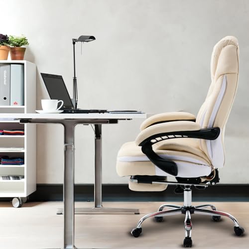 linting Ergonomic Reclining Office Chair with Footrest for Heavy People 400lbs Big Tall Comfortable Wide Recliner Home Office Desk Chair with Foot Leg Rest, Beige linting